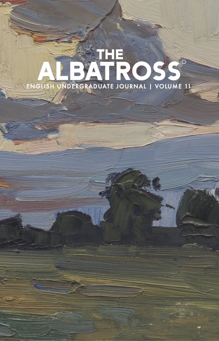 Front cover of The Albatross English Undergraduate Journal 2021 (volume 11). The title and subtitle are written in white, and the background image is an oil painting of an abstract landscape.